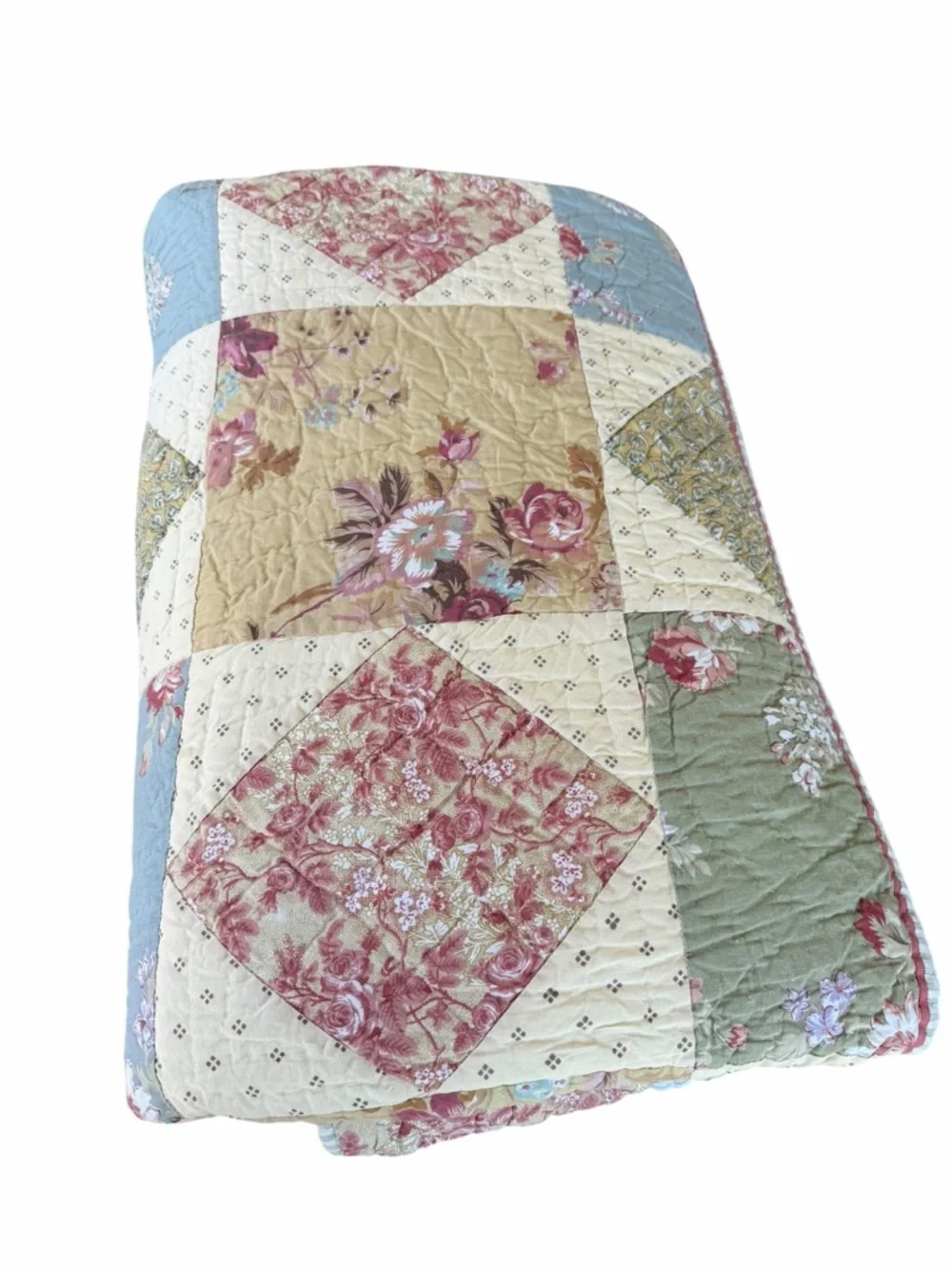 L.L. Bean Patchwork Country Quilt Reversible Floral Ticking Stripe Gauzy FLAWS